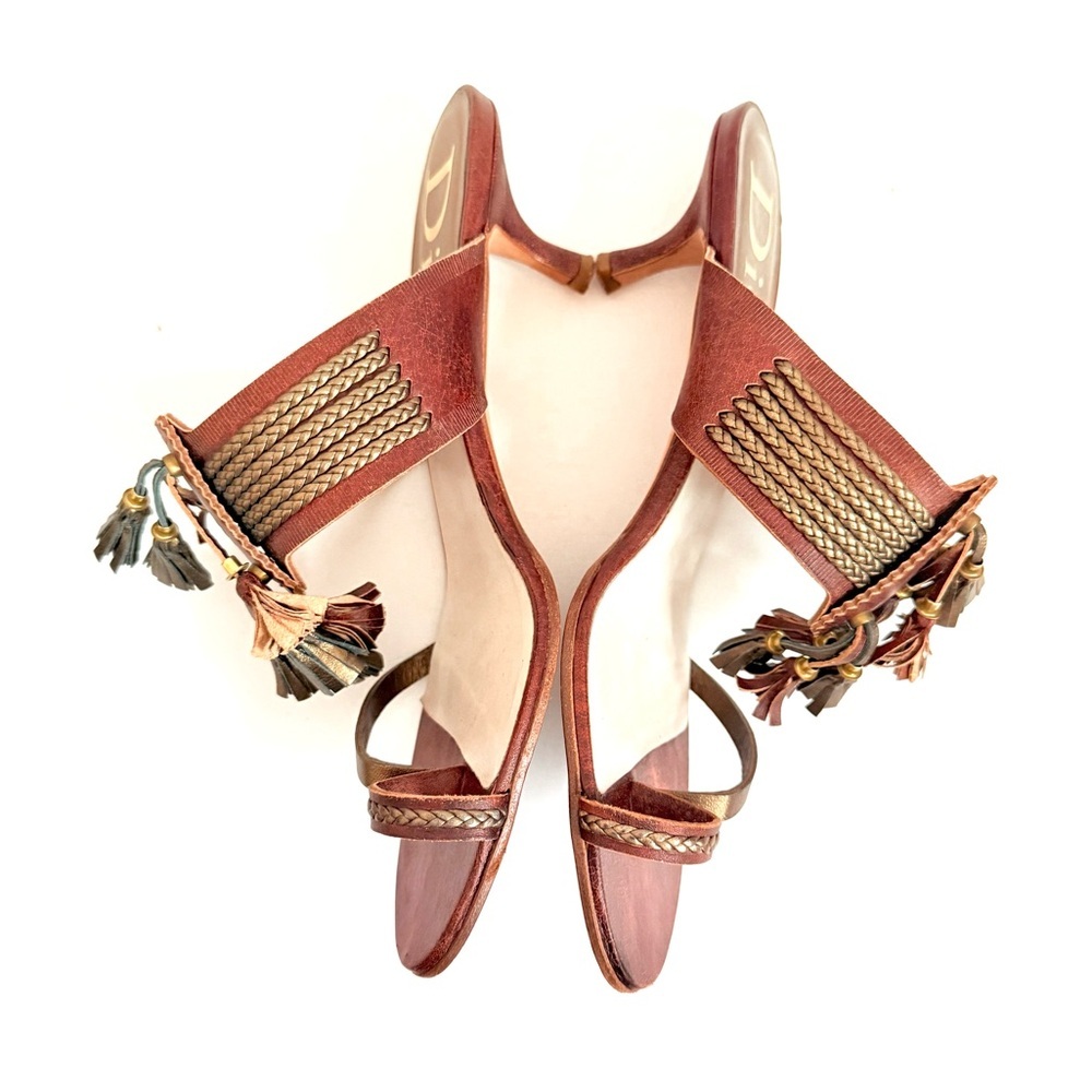 Christian Dior Vintage Brown Gold Leather Tassel thong kitten heel sandals EU 40 - Picture 7 of 10
